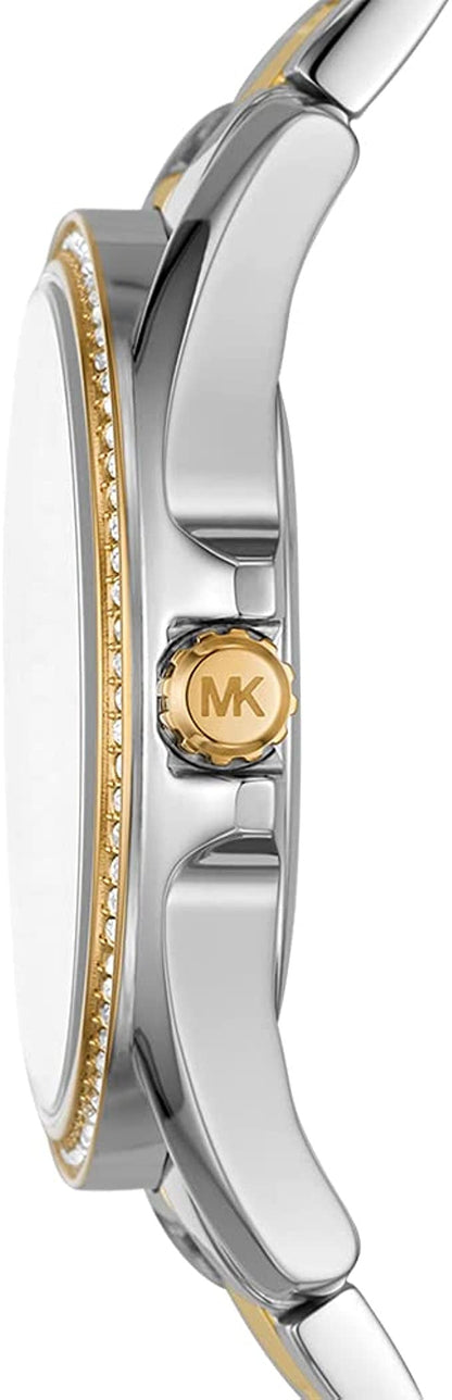 Side view showing two-tone steel bracelet and MK medallion on watch case
