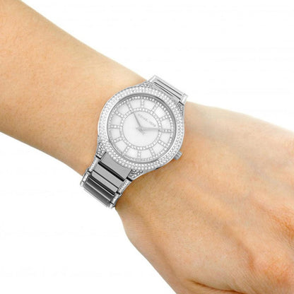 Michael Kors Kerry MK3311 worn on wrist showing mother-of-pearl dial and crystal-set bezel