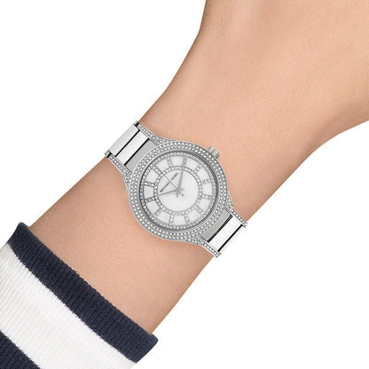 Michael Kors Kerry MK3311 on-wrist view displaying full watch face and silver bracelet fit
