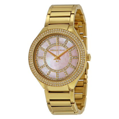 Michael Kors Kerry women's watch with pink mother-of-pearl dial, crystal bezel, and gold-tone bracelet
