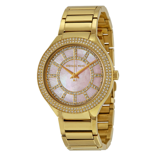 Michael Kors Kerry women's watch with pink mother-of-pearl dial, crystal bezel, and gold-tone bracelet