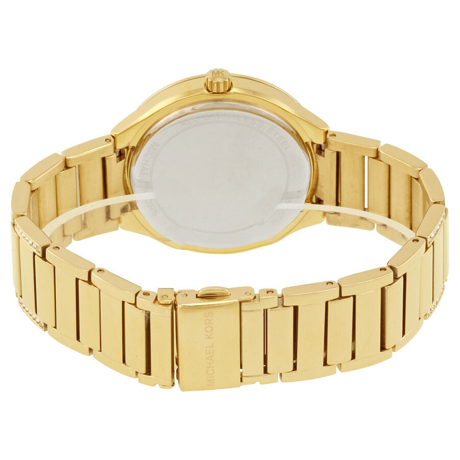 Michael Kors Kerry MK3481 caseback showing gold-tone stainless steel and bracelet clasp