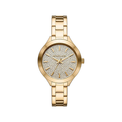 Michael Kors Key Biscayne gold-tone women's watch with crystal dial and matching bracelet