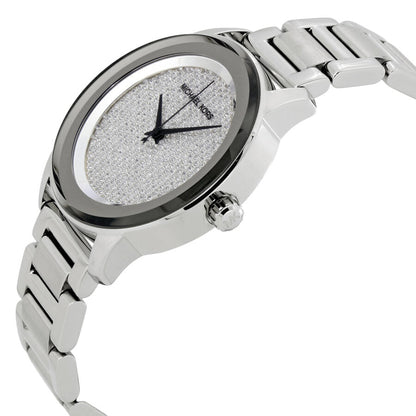 Michael Kors Kinley MK5996 side angle view showing stainless steel bracelet and dial