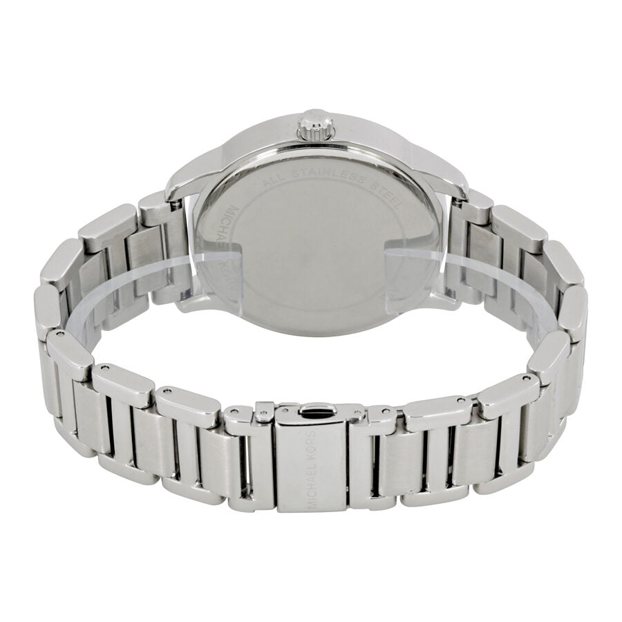 Michael Kors Kinley MK5996 caseback showing stainless steel bracelet and clasp