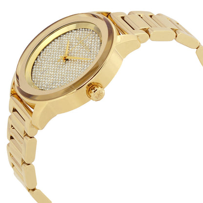 Michael Kors Kinley MK6209 angle view showing gold case, pave dial, and link bracelet