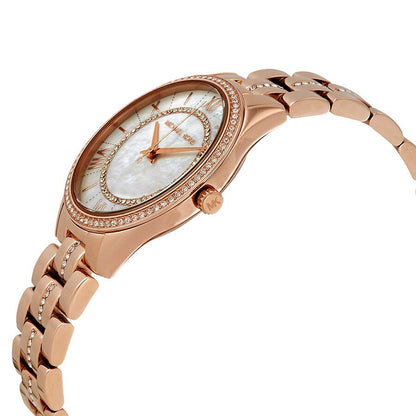 Michael Kors Lauryn watch angled view showing rose gold case, crystal bezel, and link bracelet