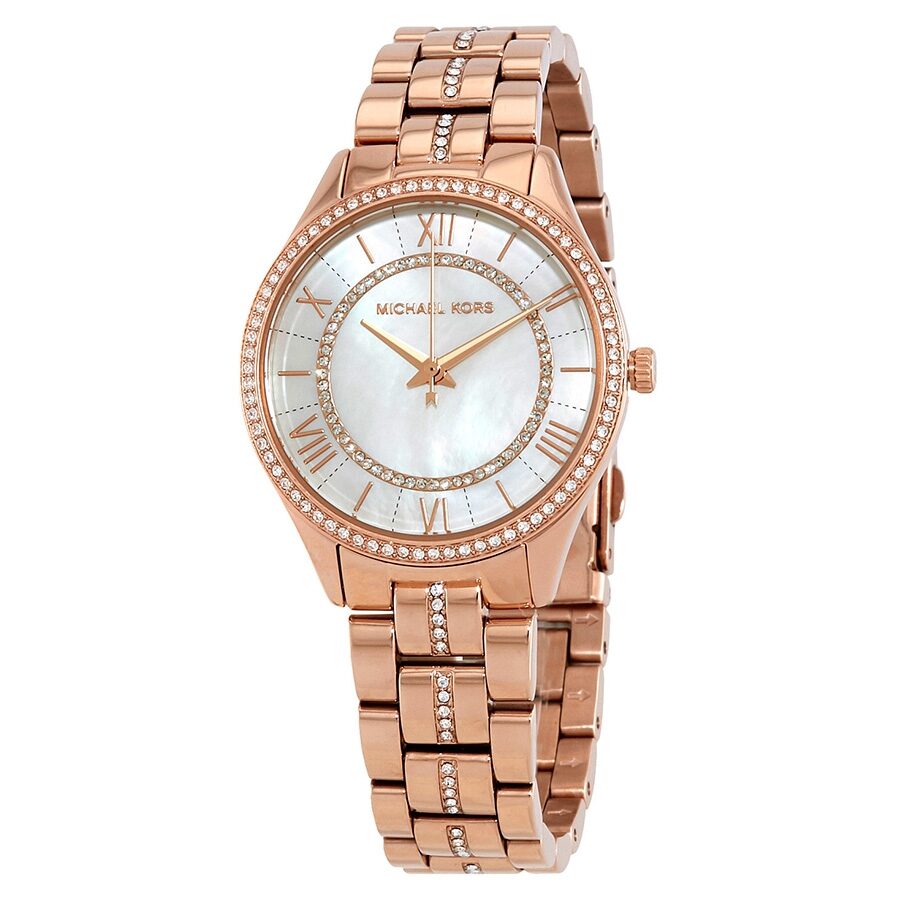 Michael Kors Lauryn crystal rose gold women's watch with mother-of-pearl dial and Roman numeral markers