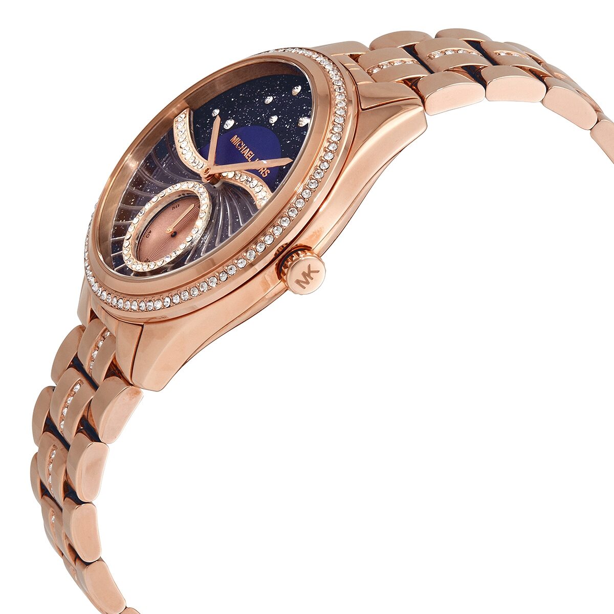 Side angle view of Michael Kors Lauryn watch showing rose gold case, black dial with moon phase, and linked bracelet