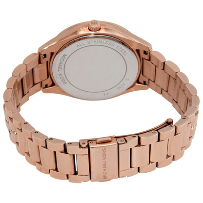 Case back of Michael Kors Lauryn watch showing all stainless steel construction and engraved text