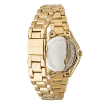 Back view of Michael Kors Lauryn watch showing gold case back and link bracelet