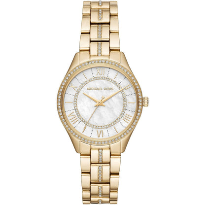 Michael Kors Lauryn white MOP dial gold women's watch with crystal-set bezel and Roman numerals