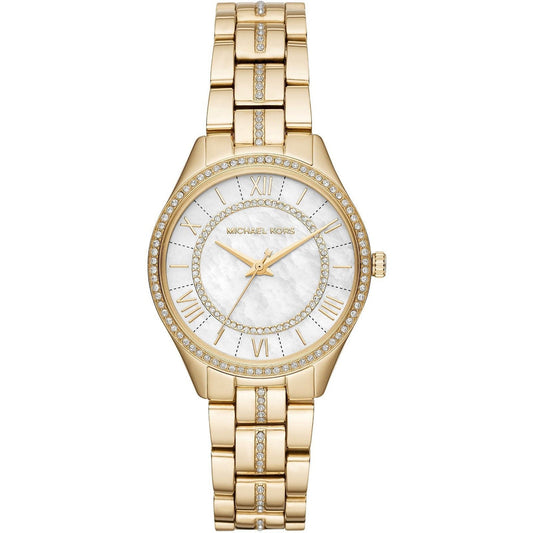 Michael Kors Lauryn white MOP dial gold women's watch with crystal-set bezel and Roman numerals