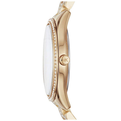Side view of Michael Kors Lauryn gold watch showing thin profile and crystal-adorned bezel