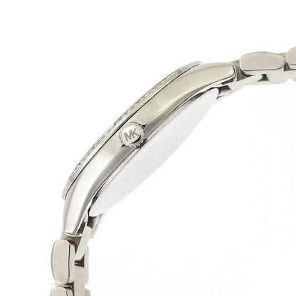 Michael Kors Lauryn MK3900 watch side profile showing curved case and stainless steel band