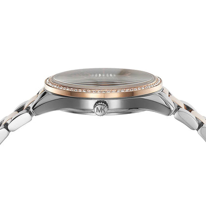 Michael Kors Lauryn watch caseback with crystal display and MK logo