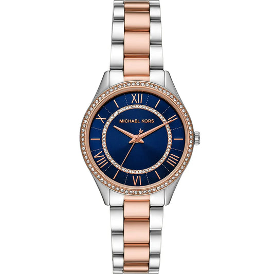 Michael Kors Lauryn women's watch with blue dial, crystal bezel, rose gold and silver bracelet