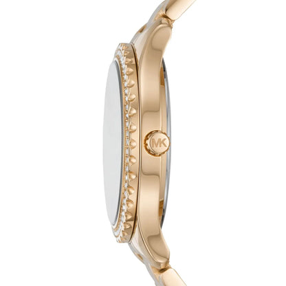 Michael Kors Layton watch side profile showing crystal bezel and gold bracelet