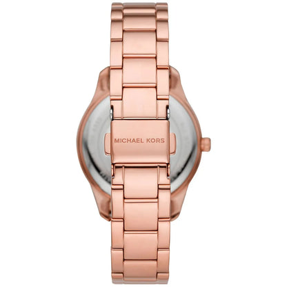 Michael Kors Layton watch caseback showing rose gold-tone steel bracelet and MK logo