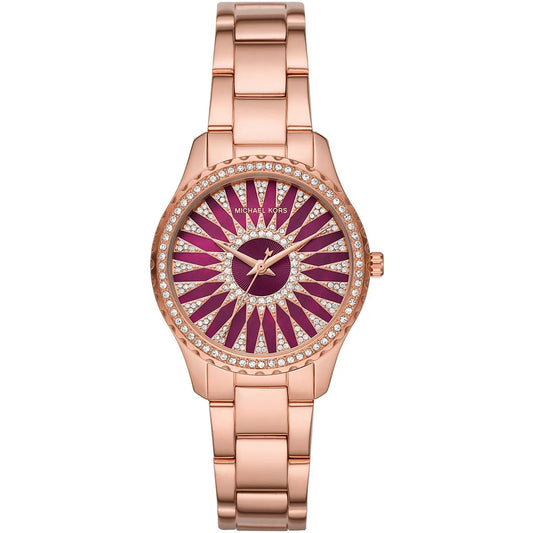 Michael Kors Layton rose gold-tone watch with red sunburst dial and crystal-set bezel