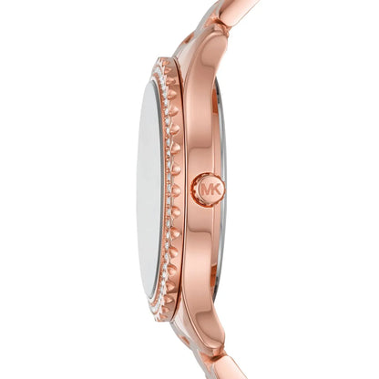 Michael Kors Layton watch side profile showing rose gold-tone steel case and crystal bezel