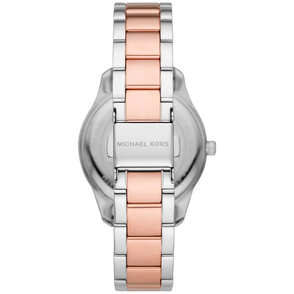 Back view of Michael Kors Layton watch showing caseback and two-tone steel strap