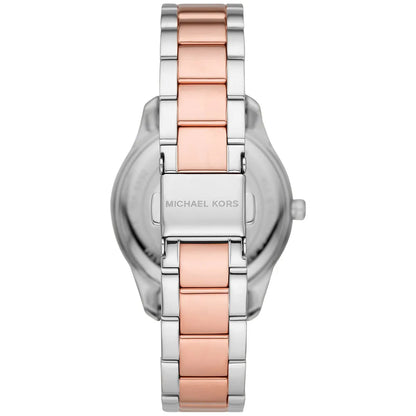 Back view of Michael Kors Layton watch showing caseback and two-tone steel strap
