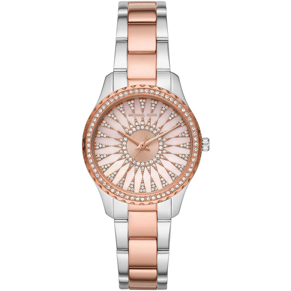 Michael Kors Layton women's watch with pink dial, crystal bezel, and two-tone steel strap