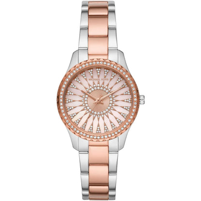 Michael Kors Layton women's watch with pink dial, crystal bezel, and two-tone steel strap