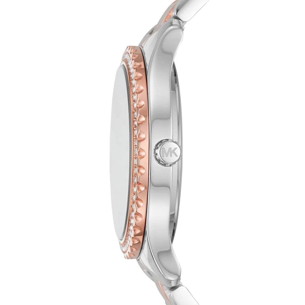 Side profile view of Michael Kors Layton watch showing two-tone steel and rose gold strap
