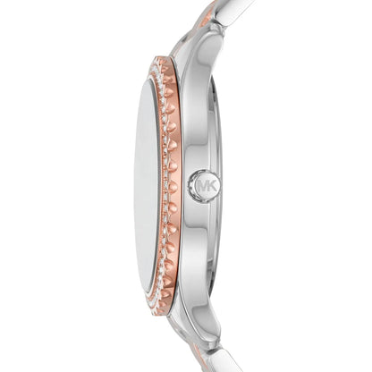 Side profile view of Michael Kors Layton watch showing two-tone steel and rose gold strap