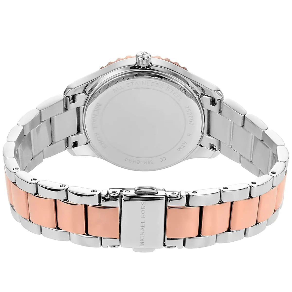 Detailed view of two-tone steel and rose gold strap with fold-over clasp