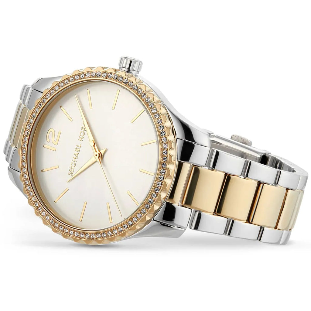 Michael Kors Layton women's watch from side angle showing two-tone bracelet and silver dial