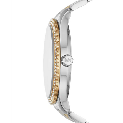 Michael Kors Layton watch side profile showing case depth and two-tone steel bracelet