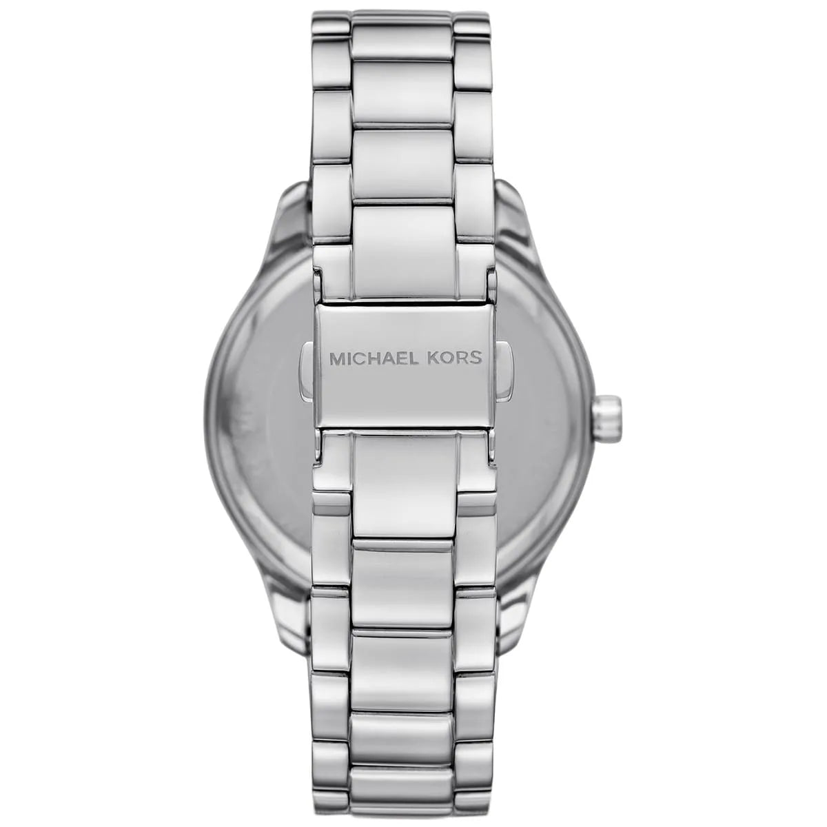 Michael Kors Layton watch case back with brand text on silver-tone stainless steel