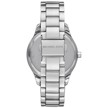 Michael Kors Layton watch case back with brand text on silver-tone stainless steel
