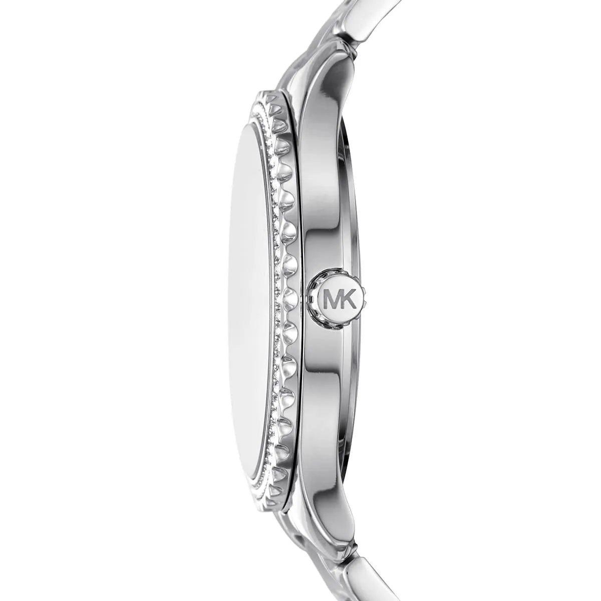 Michael Kors Layton watch side profile showing crystal-set bezel and MK logo