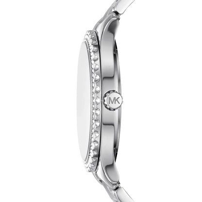 Michael Kors Layton watch side profile showing crystal-set bezel and MK logo