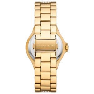 Michael Kors Lennox gold-tone women's watch shown from back with three-link bracelet