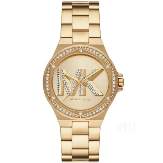 Michael Kors Lennox gold-tone women's watch with crystal-set bezel and MK logo dial