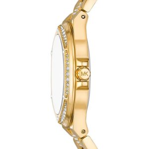 Michael Kors Lennox gold-tone women's watch shown from side profile with crystal bezel