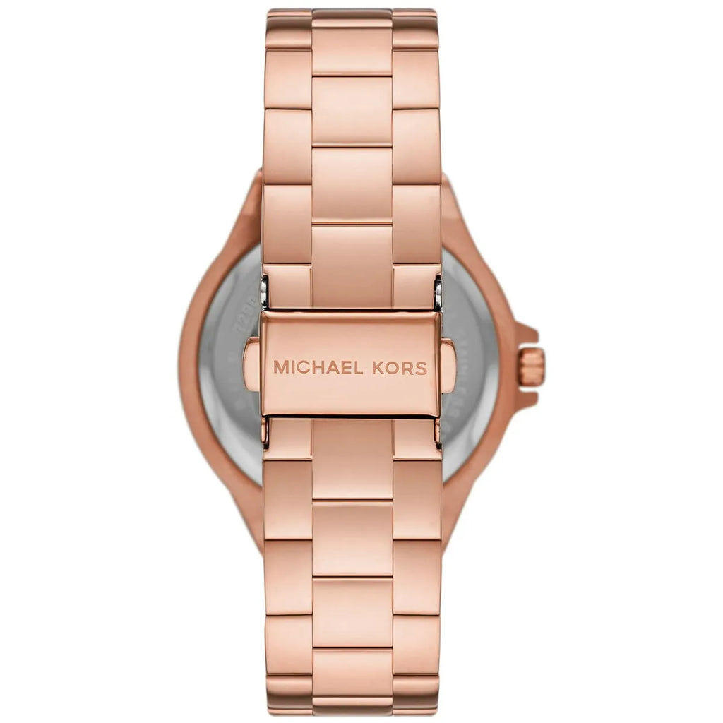 Michael Kors Lennox rose gold-tone watch caseback with Michael Kors branding and steel bracelet