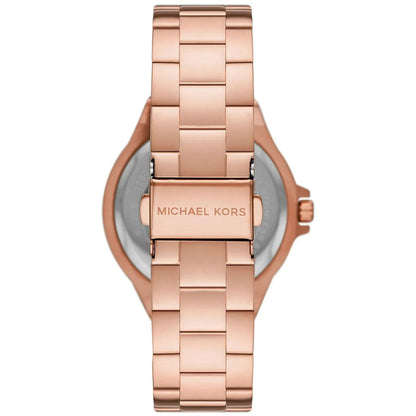Michael Kors Lennox rose gold-tone watch caseback with Michael Kors branding and steel bracelet