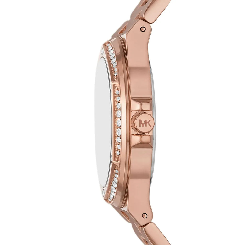 Michael Kors Lennox rose gold-tone watch side profile showing crystal-set bezel and steel bracelet