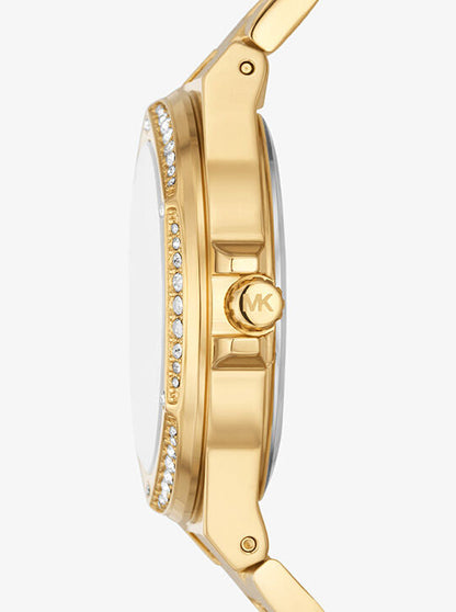 Side profile of Lennox watch showing gold case with crystal-accented bezel and band