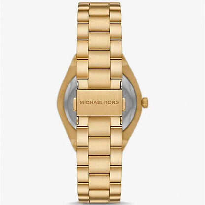 Michael Kors Lennox gold watch showing case back and link bracelet strap
