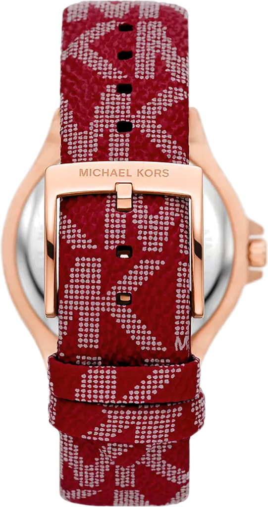 Three-quarter view of Michael Kors Lennox MK7308 watch with white dial and red MK-patterned leather strap