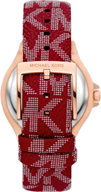 Three-quarter view of Michael Kors Lennox MK7308 watch with white dial and red MK-patterned leather strap