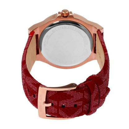 Caseback of Michael Kors Lennox MK7308 watch with rose gold case and red MK-patterned leather strap