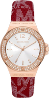 Michael Kors Lennox MK7308 women's watch with white dial, rose gold pavé bezel, and red MK-patterned leather strap
